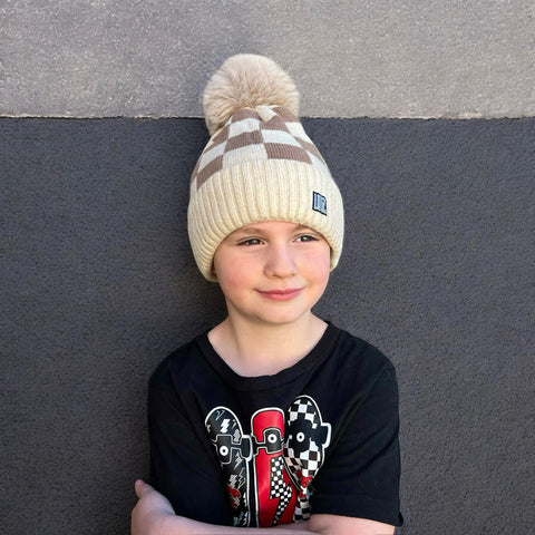 Tan Checkerboard POM Beanie (Youth)