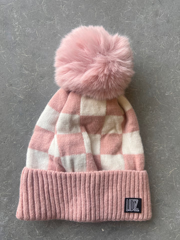 Rose Checkerboard POM Beanie (Youth)