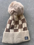 Tan Checkerboard POM Beanie (Youth)