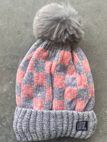 Pink/Grey Checkerboard POM Beanie (Youth)