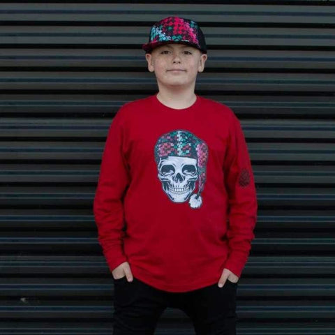 Skull Santa Long Sleeve Shirt, Red (Infant, Toddler, Youth, Adult)