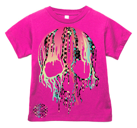 Check Distressed Drip Skull Tee, Hot Pink  (Infant, Toddler, Youth, Adult)